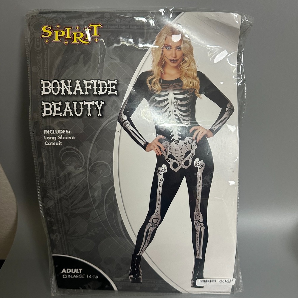 Spirit Halloween Bonafide Beauty Skeleton Catsuit Costume Womens XL 14-16 Black